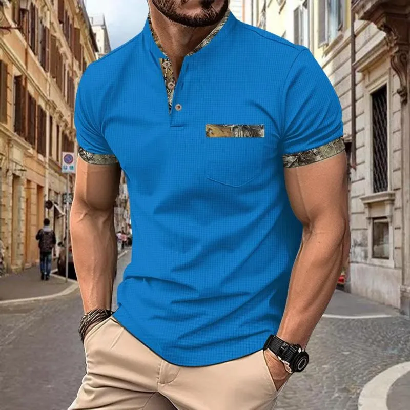 Men's Casual Colorblock Stand Collar Button Slim Fit Short Sleeve T-shirt 72559752M sold by Manly product image thumbnail 5