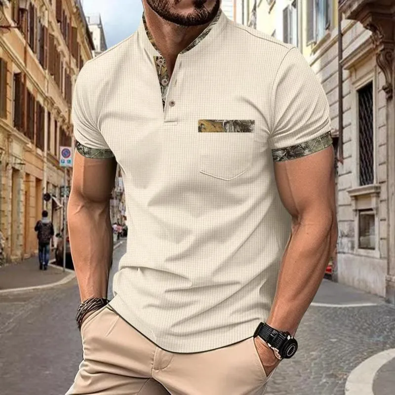 Men's Casual Colorblock Stand Collar Button Slim Fit Short Sleeve T-shirt 72559752M sold by Manly product image thumbnail 4