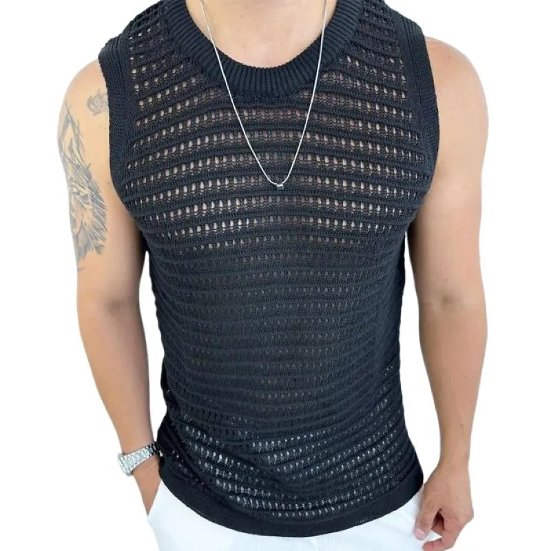 Men's Casual Round Neck Solid Color Slim Hollow Knit Tank Top 80825404M sold by Manly