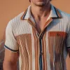 Men's Knitted Striped Lapel Short Sleeve Single Breasted Polo Shirt 63849430Z sold by Manly