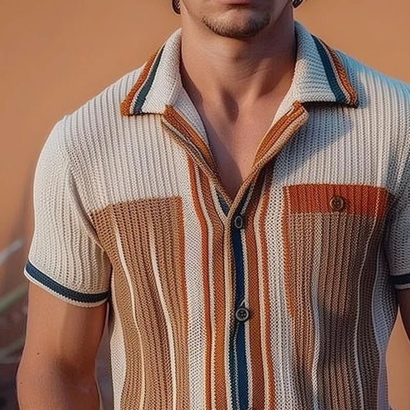 Men's Knitted Striped Lapel Short Sleeve Single Breasted Polo Shirt 63849430Z sold by Manly product image thumbnail 3