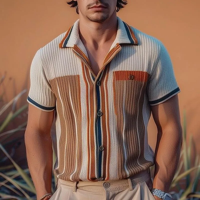 Men's Knitted Striped Lapel Short Sleeve Single Breasted Polo Shirt 63849430Z sold by Manly product image thumbnail 2