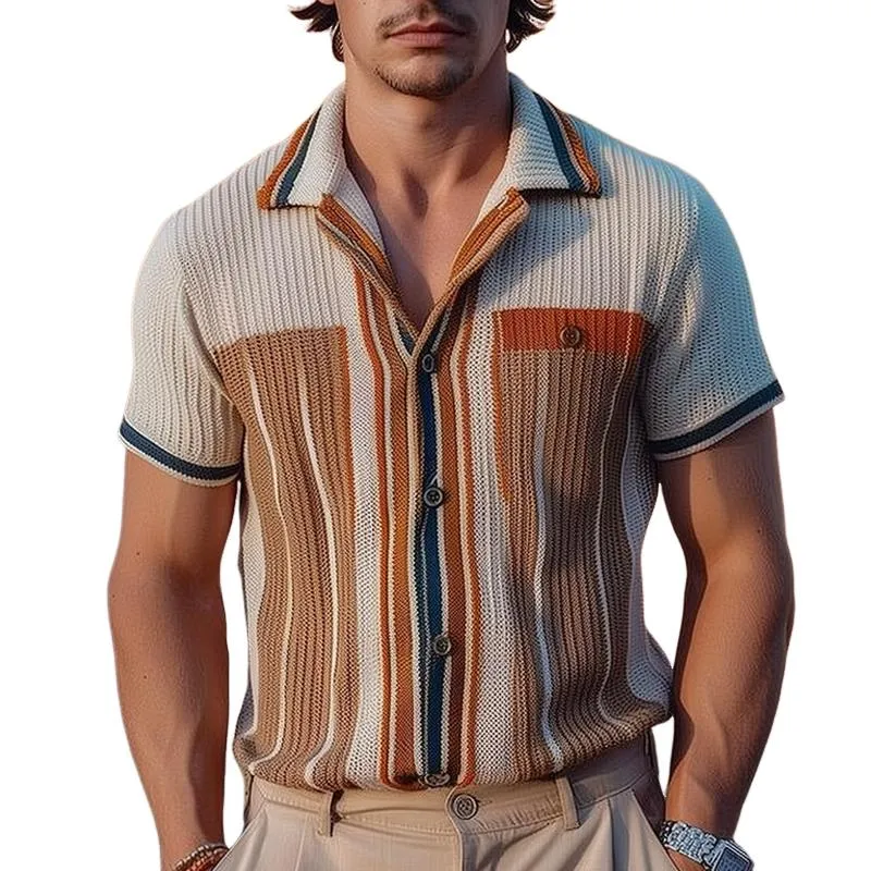 Men's Knitted Striped Lapel Short Sleeve Single Breasted Polo Shirt 63849430Z sold by Manly
