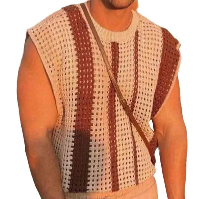Men's Casual Round Neck Striped Hollow Knitted Tank Top 18130789M sold by Manly