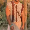 Men's Casual Round Neck Striped Hollow Knitted Tank Top 18130789M sold by Manly