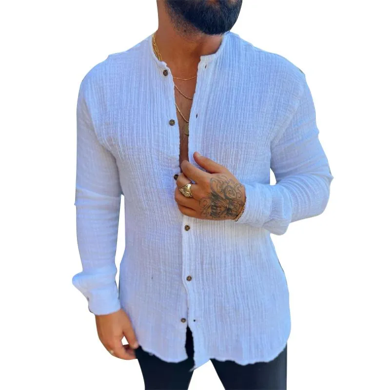 Men's Casual Solid Color Pleated Round Neck Long Sleeve Shirt 28177484Y sold by Manly