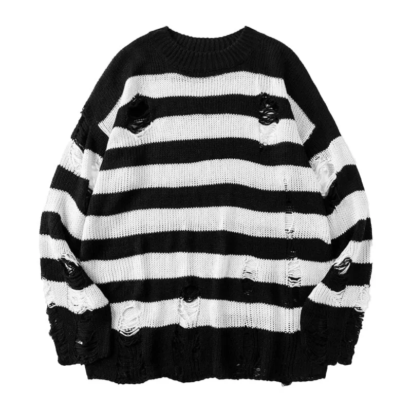 Men's Casual Round Neck Striped Ripped Sweater 27144386M sold by Manly