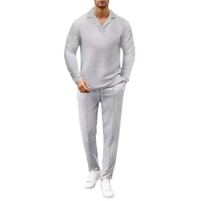 Men's Solid Waffle Lapel Long Sleeve T-shirt Trousers Casual Set 62391098Z sold by Manly