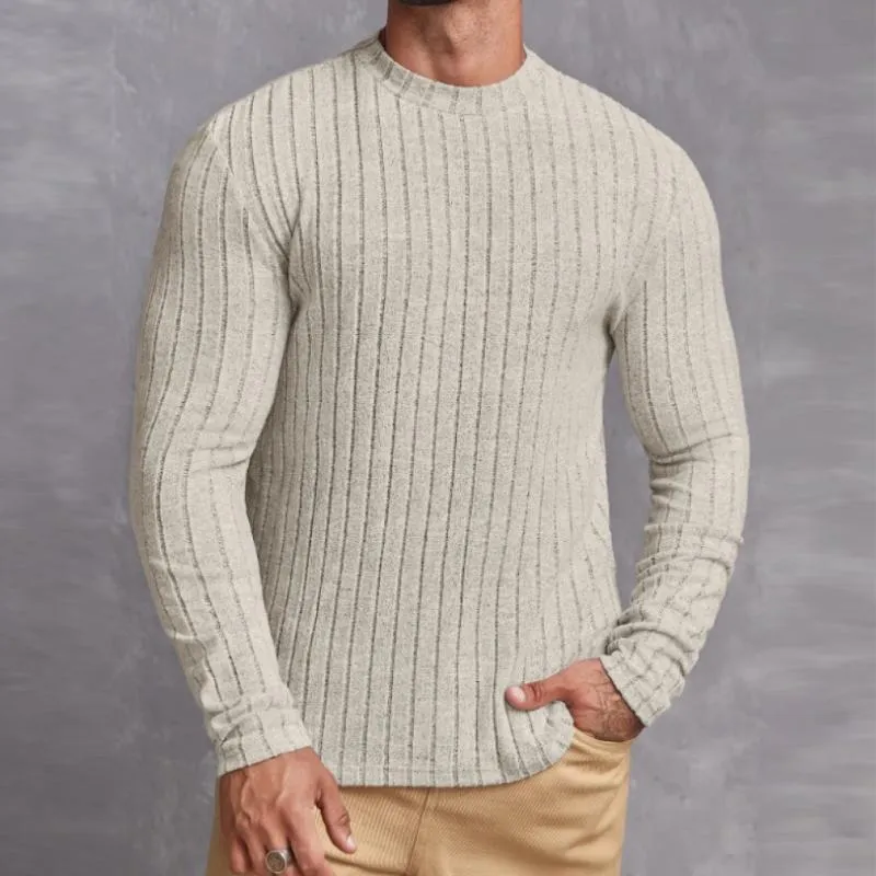 Men's Casual Solid Color Round Neck Striped Slim Fit Long Sleeve T-Shirt 34711518M sold by Manly product image thumbnail 3