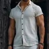 Men's Casual Solid Color Lapel Short Sleeve Shirt 09161170TO sold by Manly