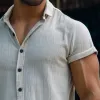 Men's Casual Solid Color Lapel Short Sleeve Shirt 09161170TO sold by Manly