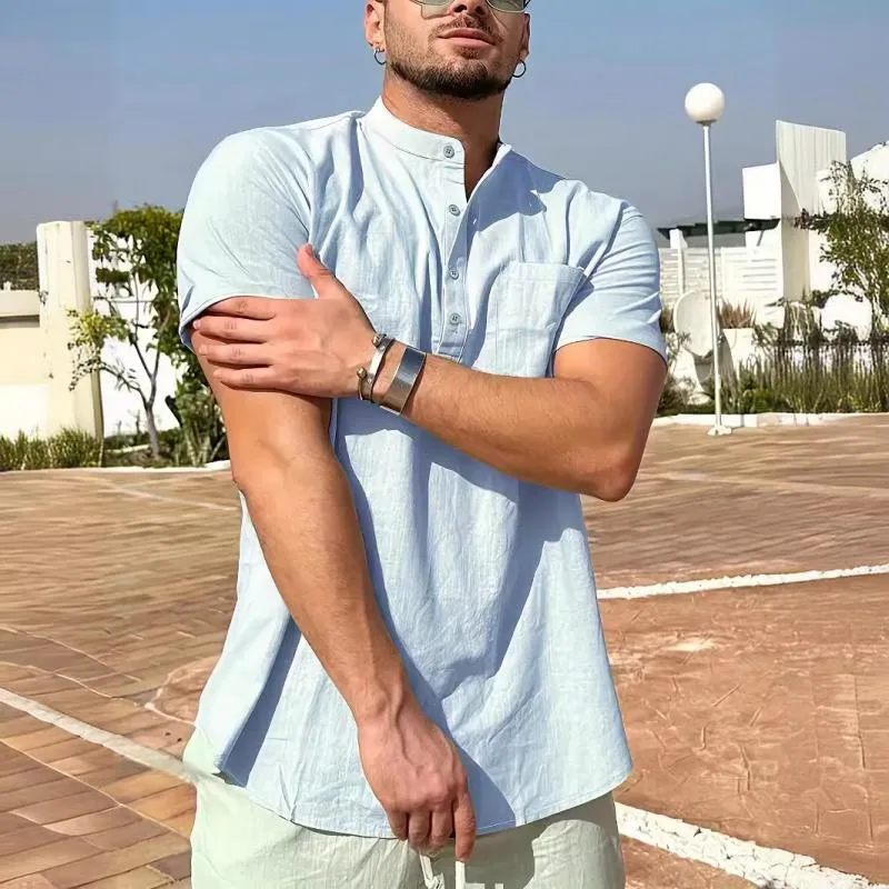 Men's Casual Cotton Linen Stand Collar Patch Pocket Short Sleeve Shirt 22155118M sold by Manly product image thumbnail 2