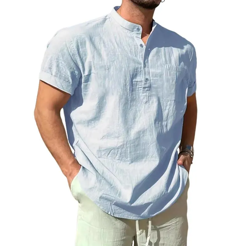 Men's Casual Cotton Linen Stand Collar Patch Pocket Short Sleeve Shirt 22155118M sold by Manly