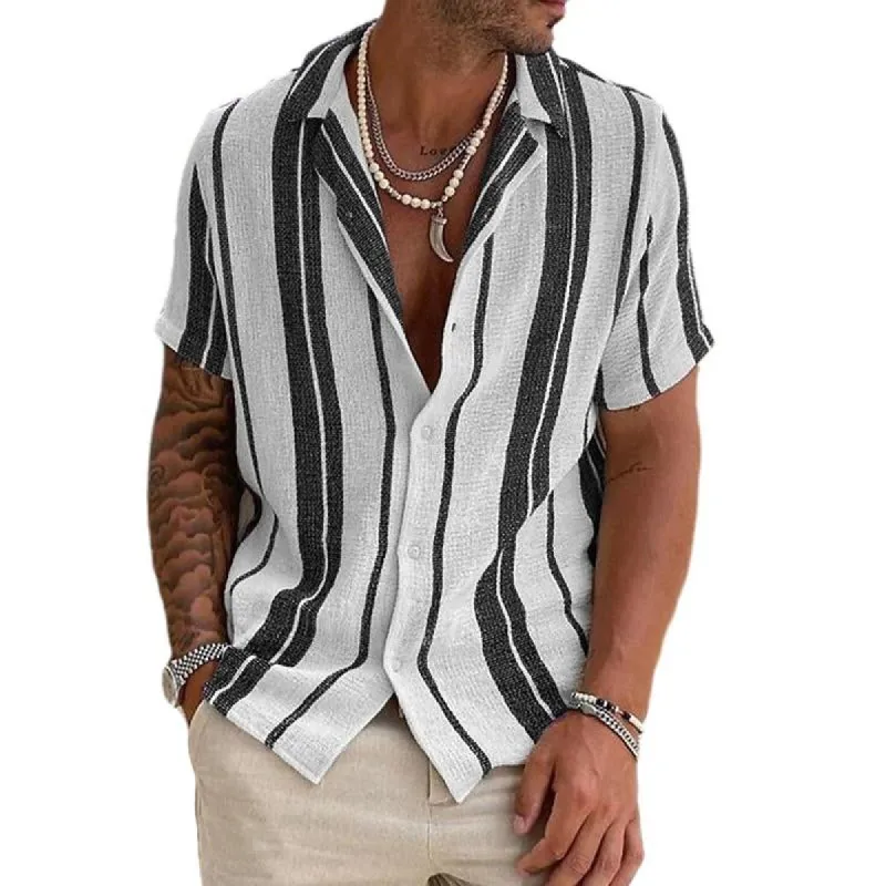 Men's Casual Striped Lapel Loose Short-sleeved Shirt 30431980M sold by Manly