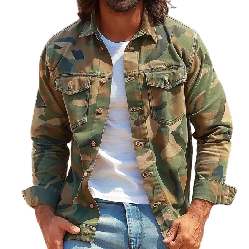 Men's Camouflage Lapel Chest Pocket Long Sleeve Cargo Shirt 32711018Z sold by Manly