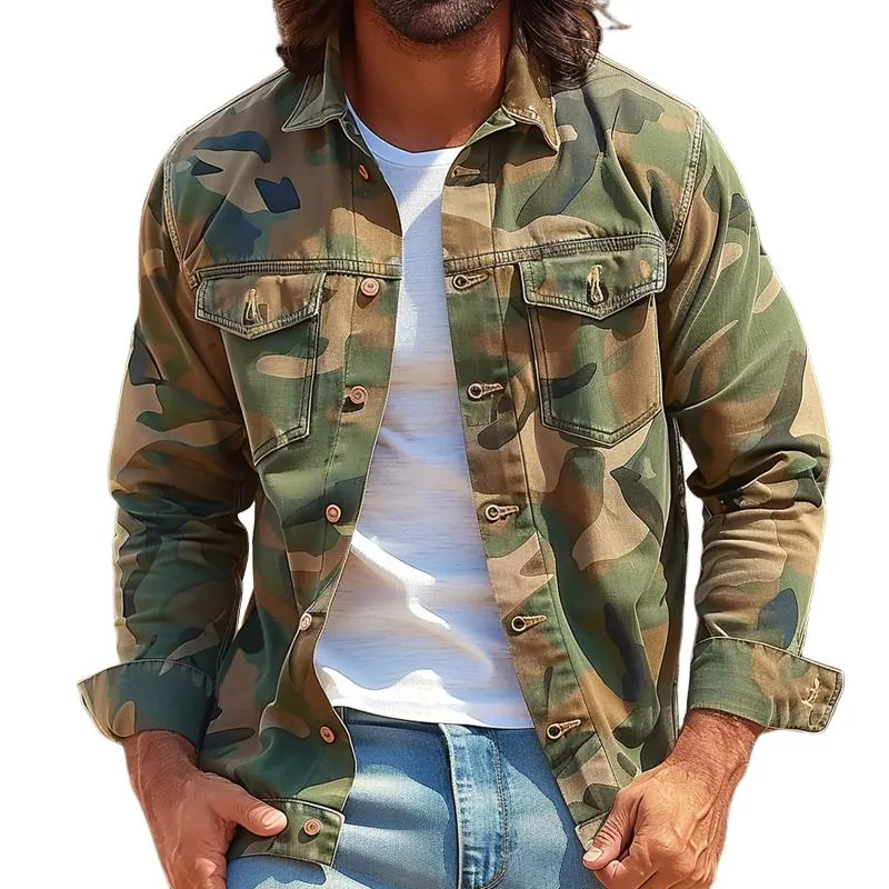 Men's Camouflage Lapel Chest Pocket Long Sleeve Cargo Shirt 32711018Z sold by Manly