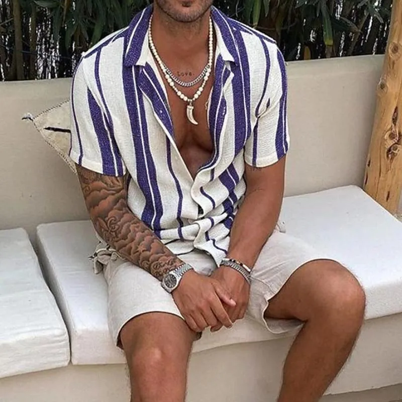 Men's Casual Striped Lapel Loose Short-sleeved Shirt 30431980M sold by Manly product image thumbnail 4