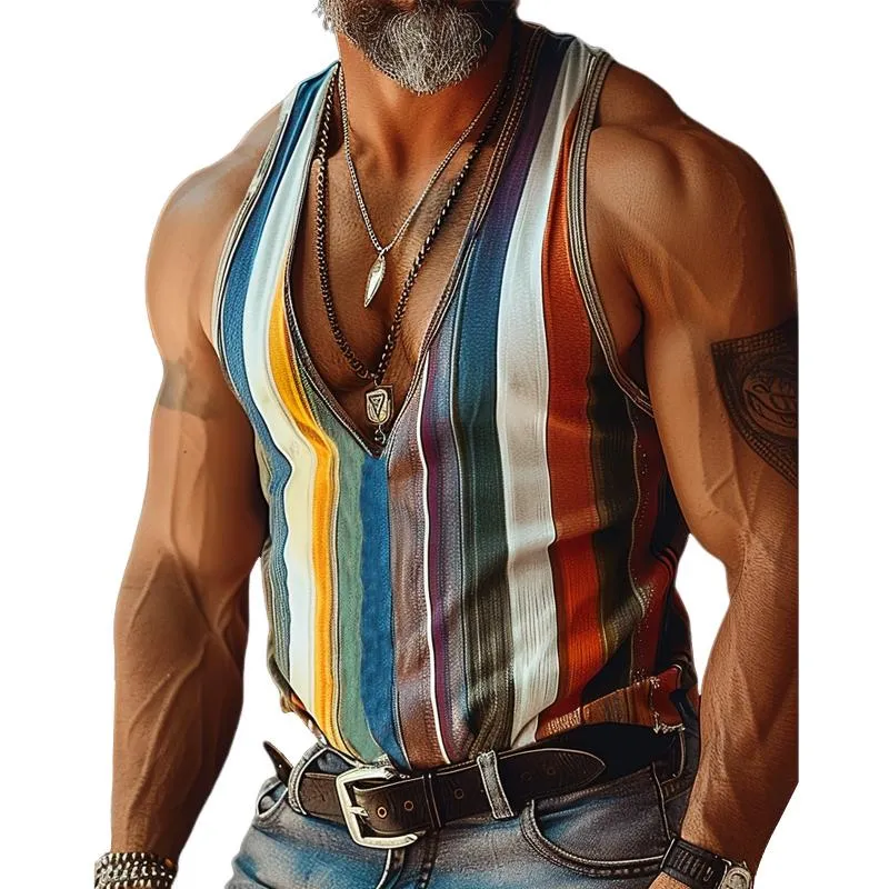 Men's Colorblock Stripe Print V-Neck Slim Fit Sleeveless Tank Top 01004347Y sold by Manly