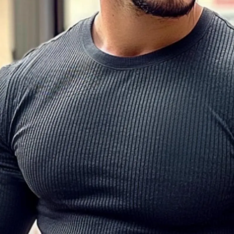 Men's Retro Casual Solid Color Striped Long Sleeve T-Shirt 26728433TO sold by Manly product image thumbnail 3