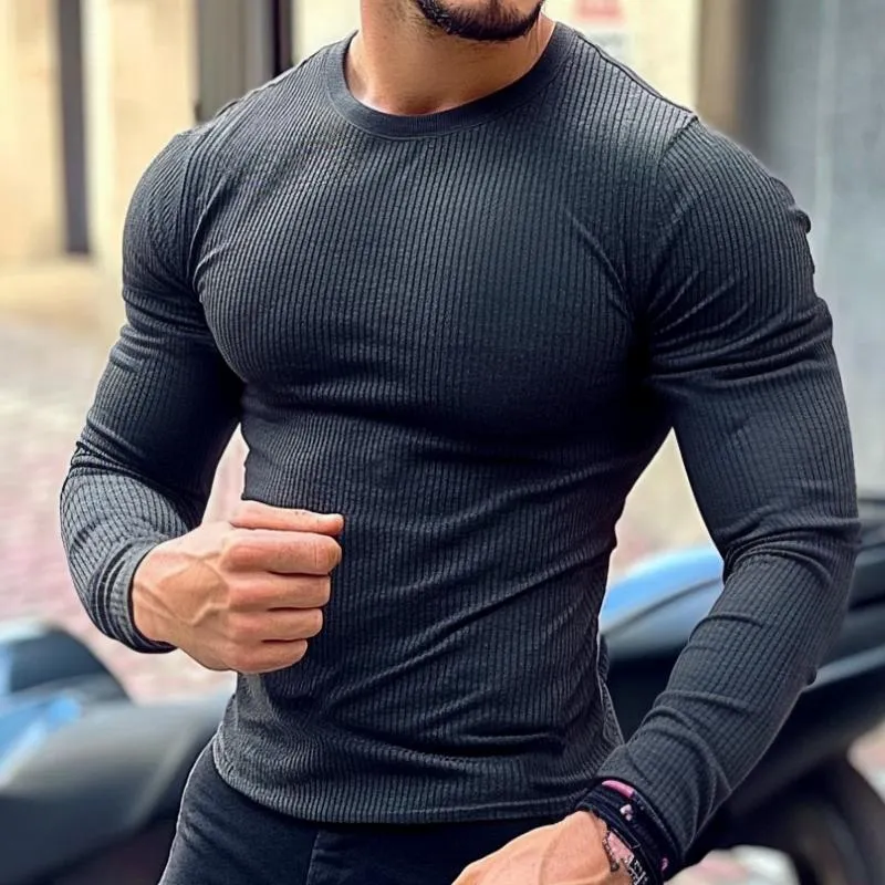 Men's Retro Casual Solid Color Striped Long Sleeve T-Shirt 26728433TO sold by Manly product image thumbnail 2