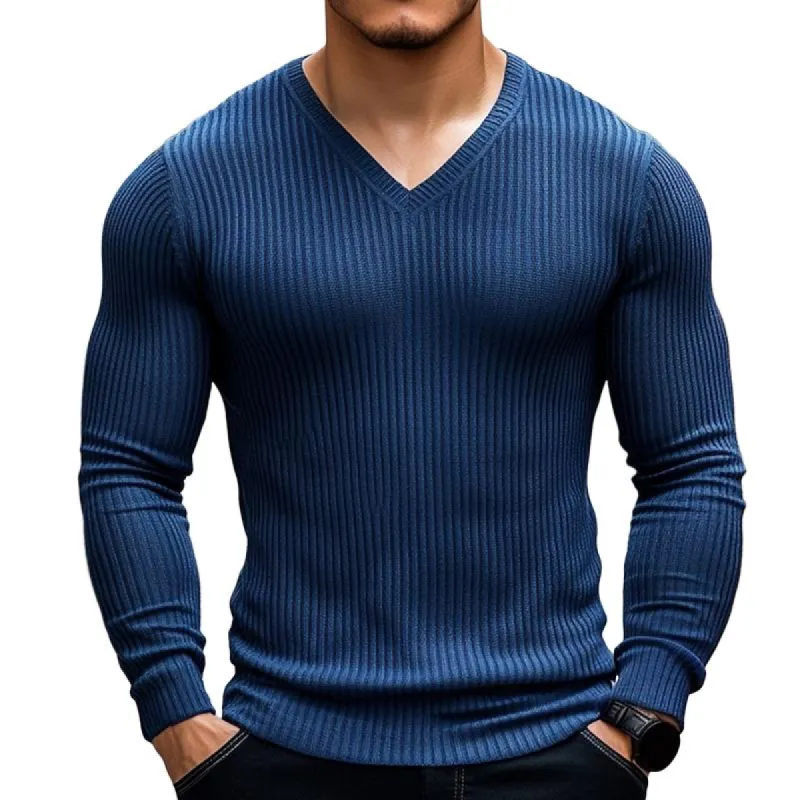 Men's Retro Casual Solid Color V-Neck Striped Long Sleeve T-Shirt 03365908TO sold by Manly
