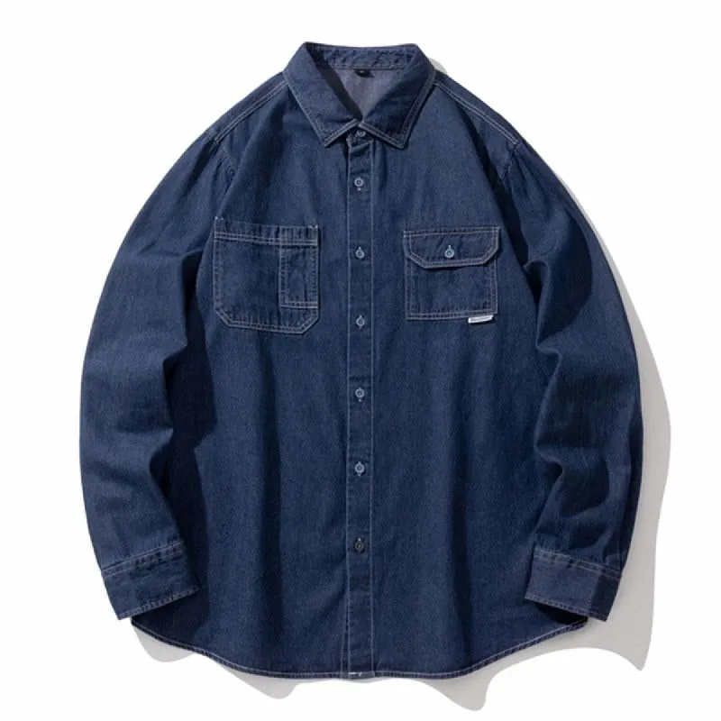 Men's Vintage Lapel Loose Long Sleeve Denim Shirt 78188207M sold by Manly