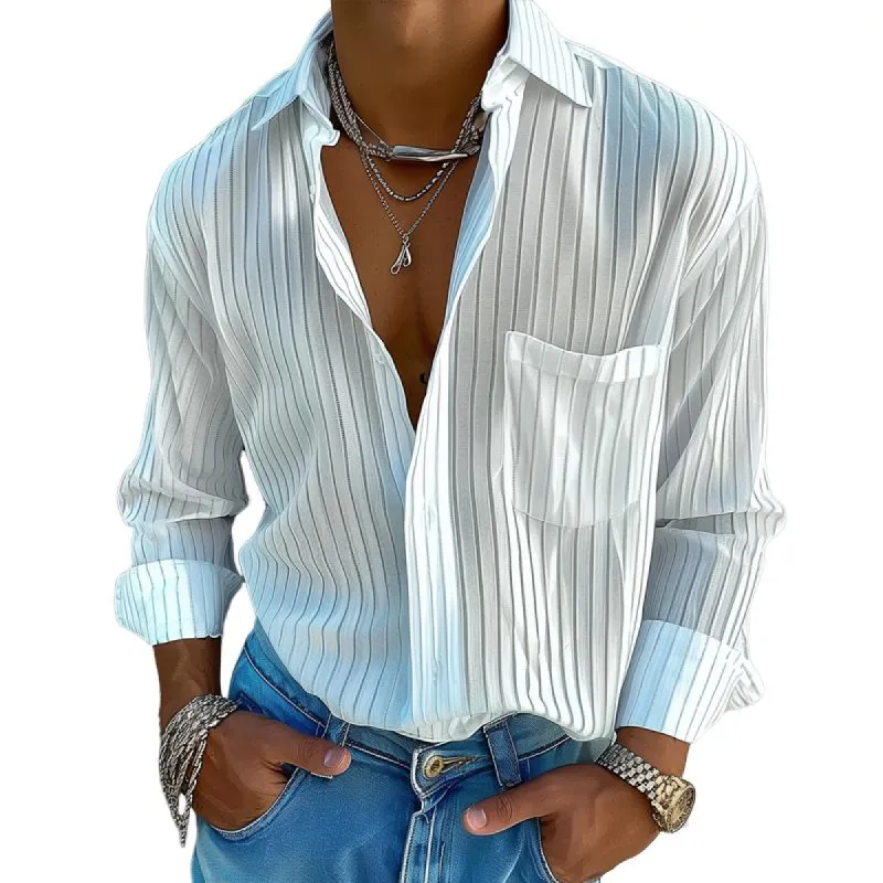 Men's Solid Color Striped Lapel Long Sleeve Shirt 89898792Z sold by Manly