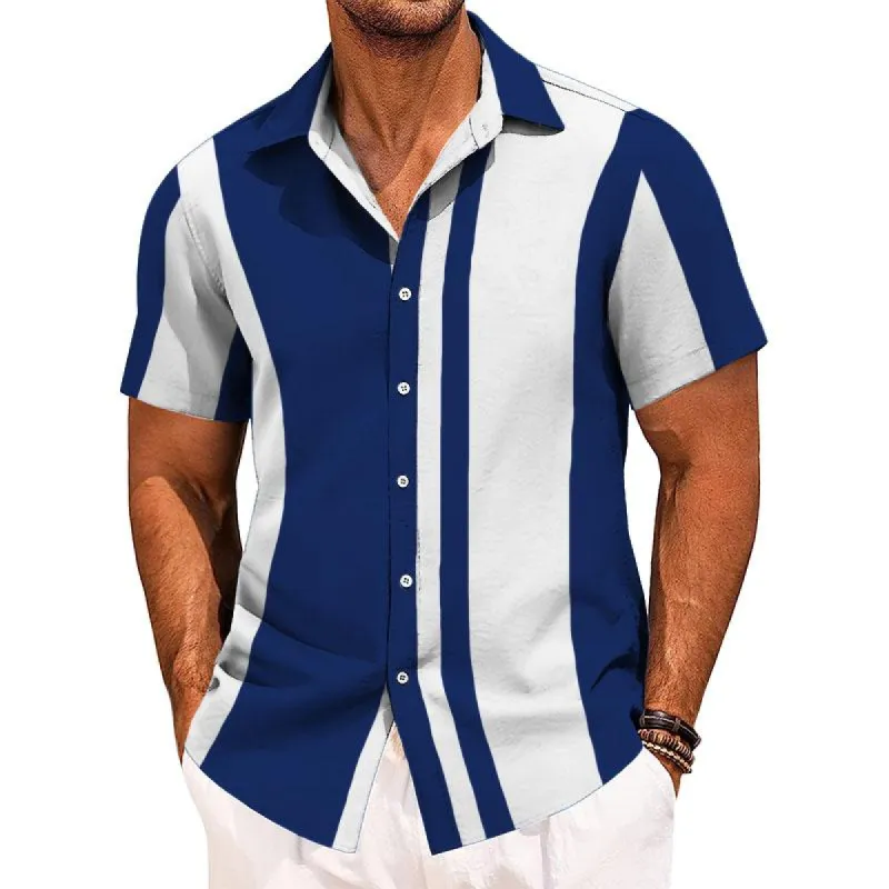 Men's Retro Color Block Lapel Short Sleeve Shirt 24110727TO sold by Manly