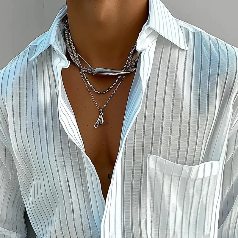 Men's Solid Color Striped Lapel Long Sleeve Shirt 89898792Z sold by Manly product image thumbnail 3