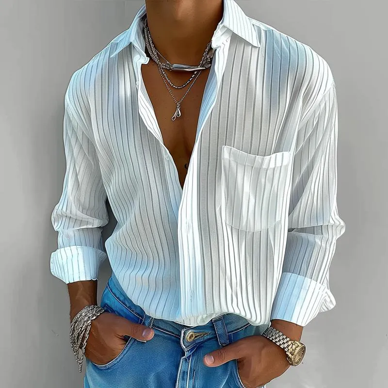 Men's Solid Color Striped Lapel Long Sleeve Shirt 89898792Z sold by Manly product image thumbnail 2