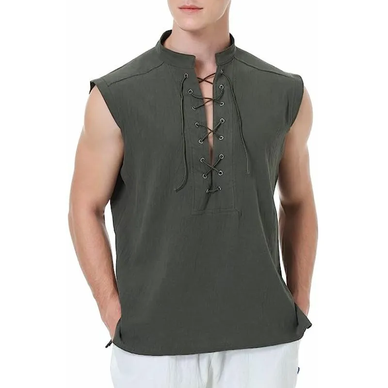 Men's Cotton And Linen Stand Collar Sleeveless Tank Top 17170536Y sold by Manly