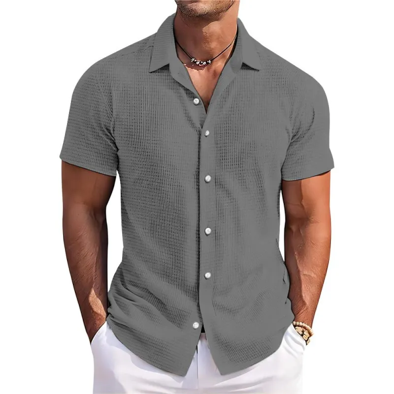 Men's Solid Color Waffle Lapel Short Sleeve Shirt 71135576Y sold by Manly