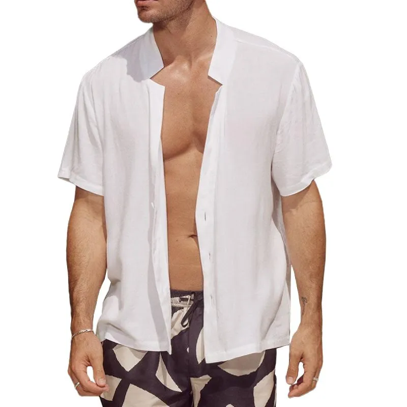 Men's Solid Loose V Neck Short Sleeve Casual Shirt 24577581Z sold by Manly