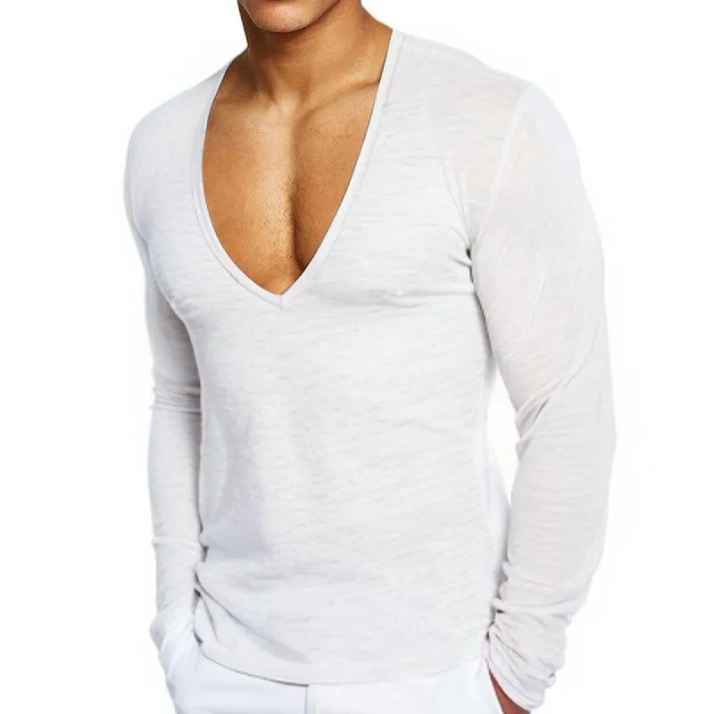Men's Solid Deep V Neck Long Sleeve Cotton T-shirt 43199773Z made by Manly