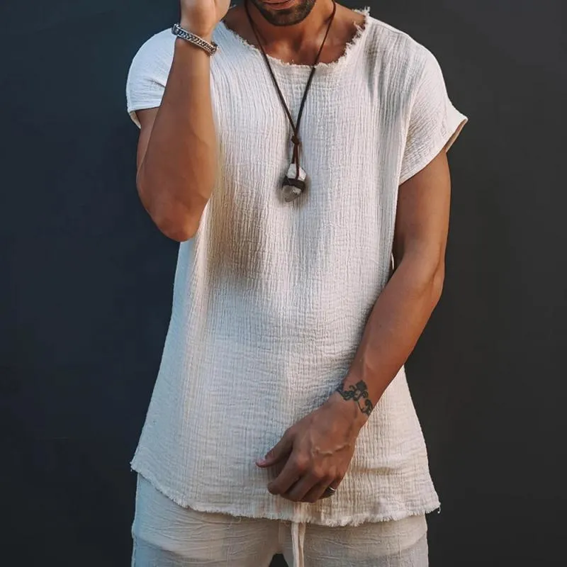 Men's Casual Cotton Blended Round Neck Raw Edge Short Sleeve T-Shirt 04669487M sold by Manly product image thumbnail 2