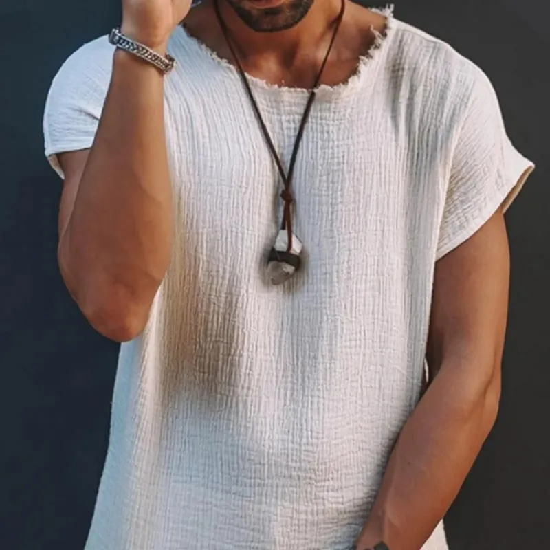 Men's Casual Cotton Blended Round Neck Raw Edge Short Sleeve T-Shirt 04669487M sold by Manly product image thumbnail 3