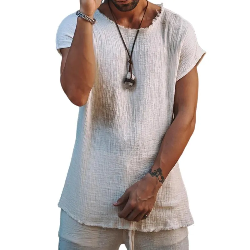 Men's Casual Cotton Blended Round Neck Raw Edge Short Sleeve T-Shirt 04669487M sold by Manly