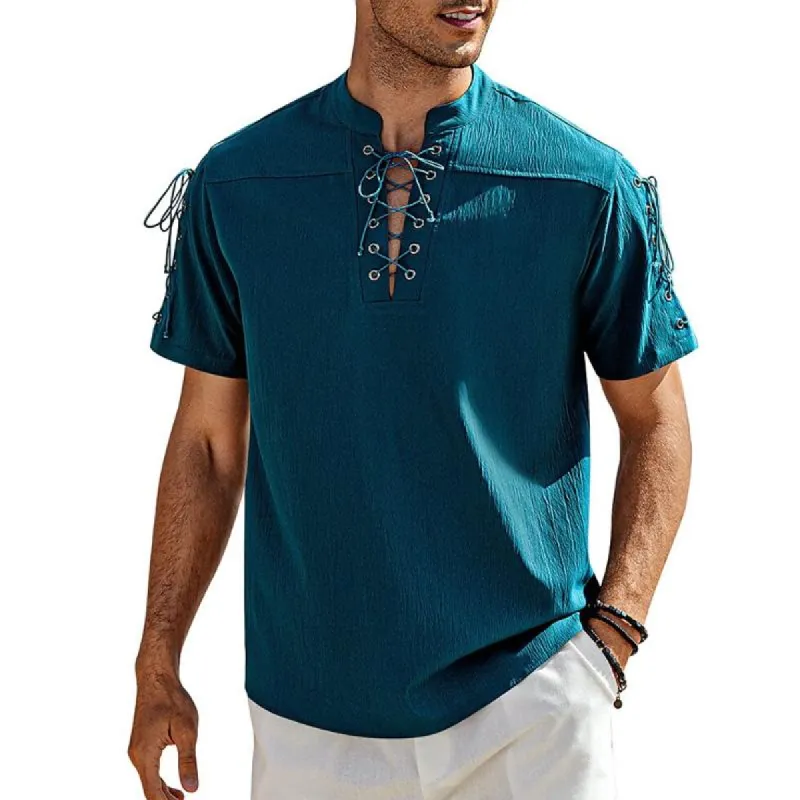 Men's Solid Color Lace-Up V-Neck Short-Sleeved Shirt 40586432Y sold by Manly
