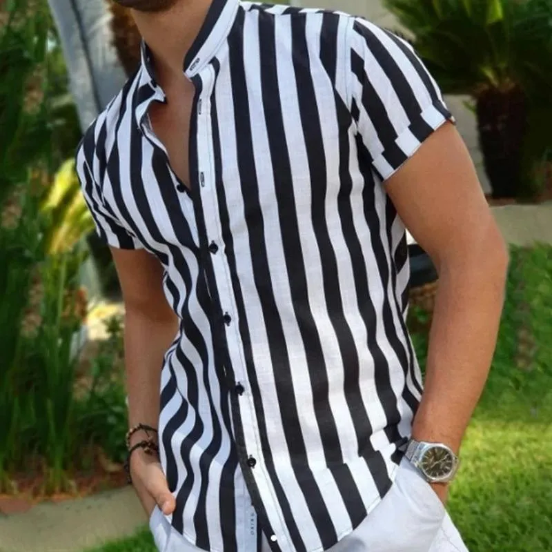 Men's Stand Collar Striped Short Sleeve Shirt 98229943Z sold by Manly product image thumbnail 2