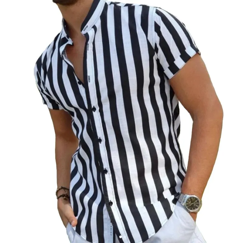 Men's Stand Collar Striped Short Sleeve Shirt 98229943Z sold by Manly