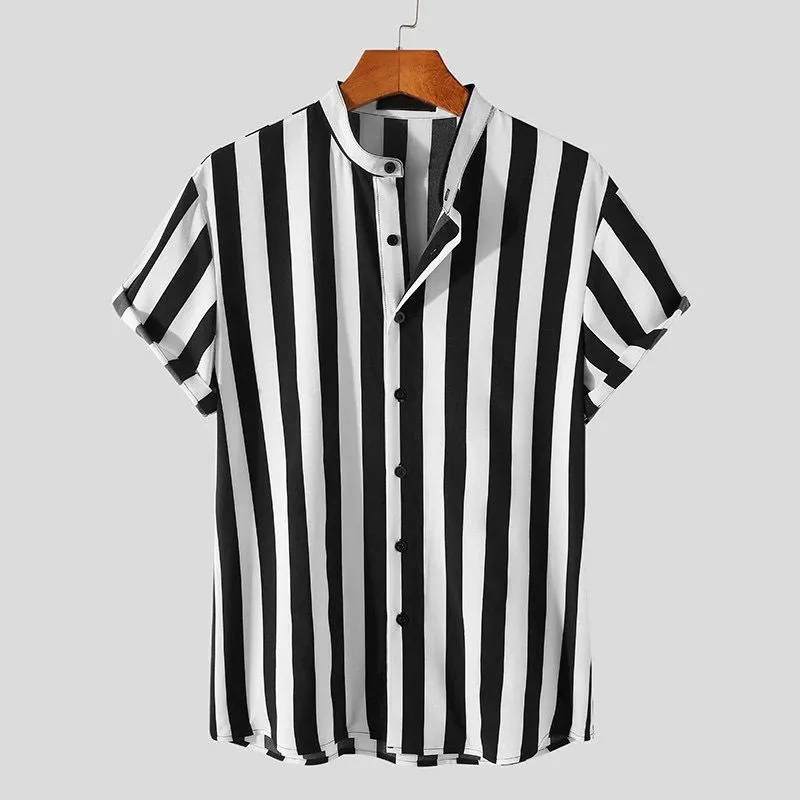Men's Stand Collar Striped Short Sleeve Shirt 98229943Z sold by Manly product image thumbnail 4