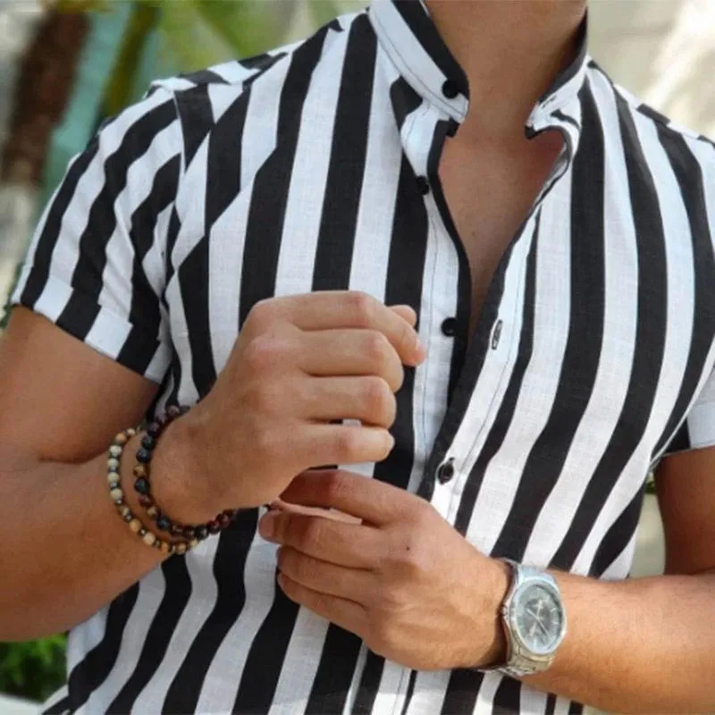 Men's Stand Collar Striped Short Sleeve Shirt 98229943Z sold by Manly product image thumbnail 3