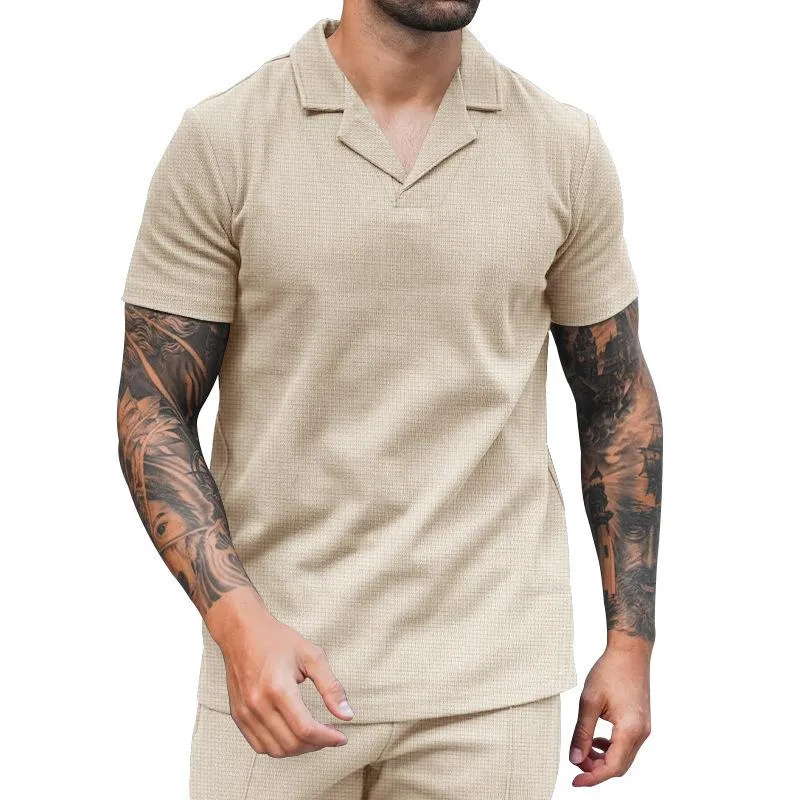 Men's Solid Color Waffle Cuban Collar Short Sleeve Polo Shirt 79064105Y sold by Manly product image thumbnail 5