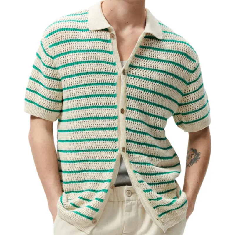 Men's Casual Striped Lapel Short-Sleeved Knitted Cardigan 59721856M sold by Manly