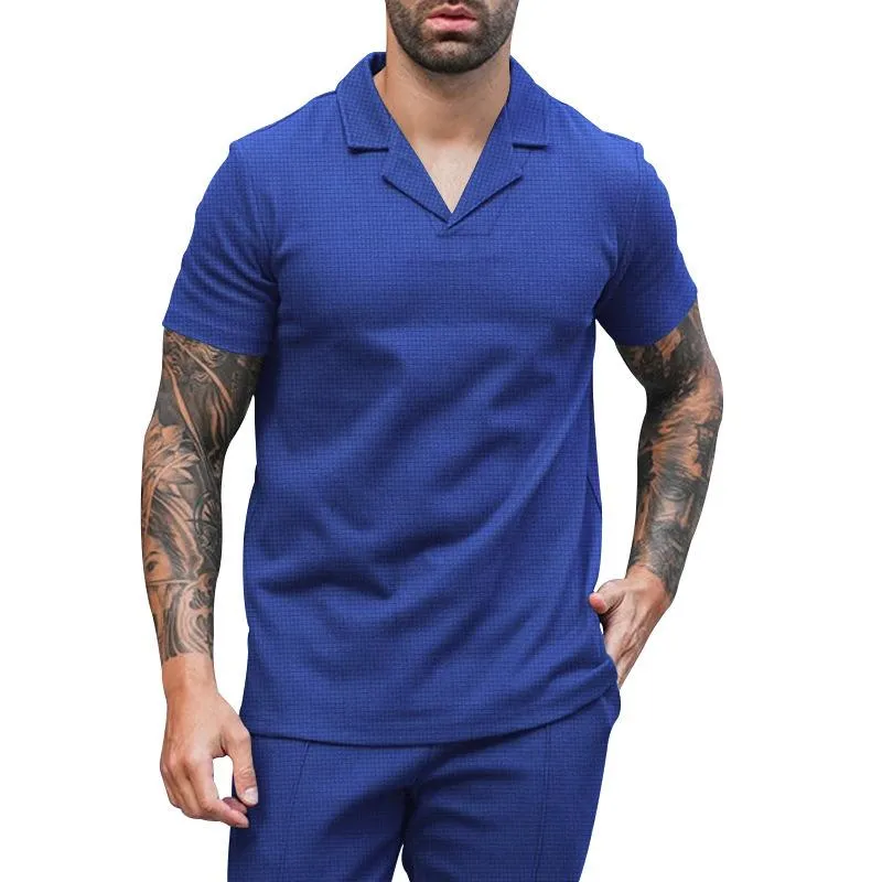 Men's Solid Color Waffle Cuban Collar Short Sleeve Polo Shirt 79064105Y sold by Manly product image thumbnail 3