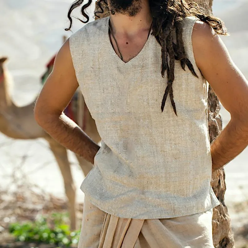 Men's Casual V-neck Sleeveless Cotton Linen Loose Tank Top 83744535M sold by Manly product image thumbnail 2