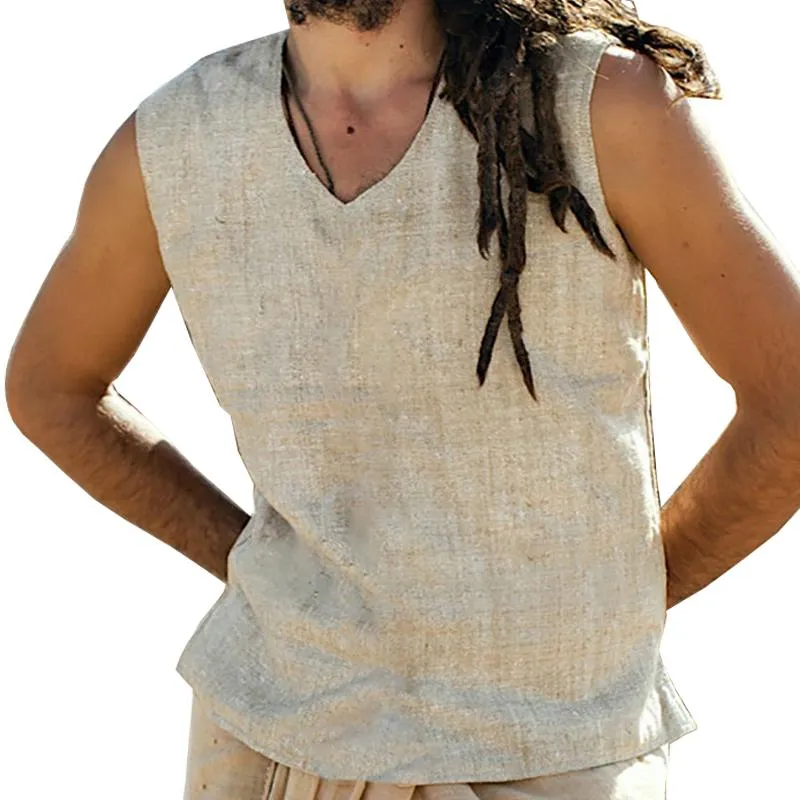 Men's Casual V-neck Sleeveless Cotton Linen Loose Tank Top 83744535M sold by Manly