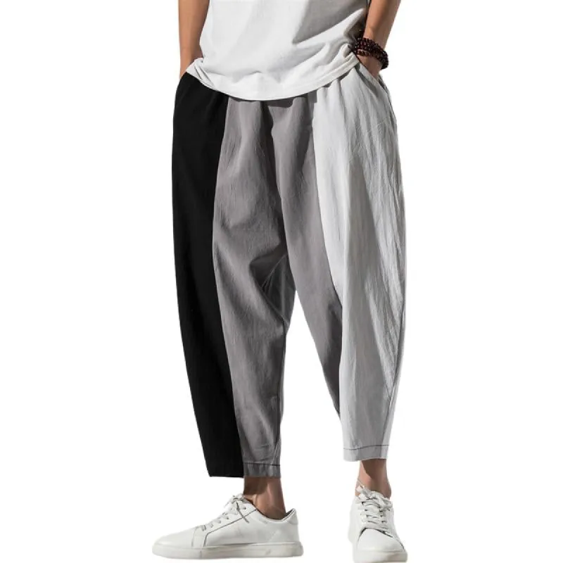 Men's Loose Cotton And Linen Striped Color Block Drawstring Pants 74566082Y sold by Manly