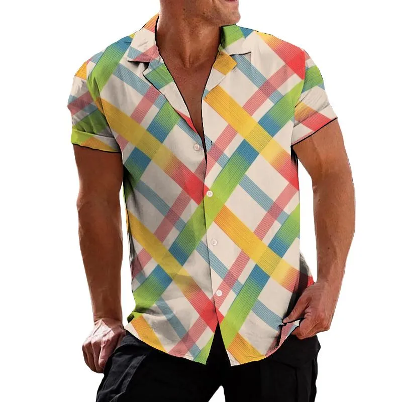 Men's Retro Colorful Plaid Lapel Short Sleeve Shirt 10918372TO sold by Manly