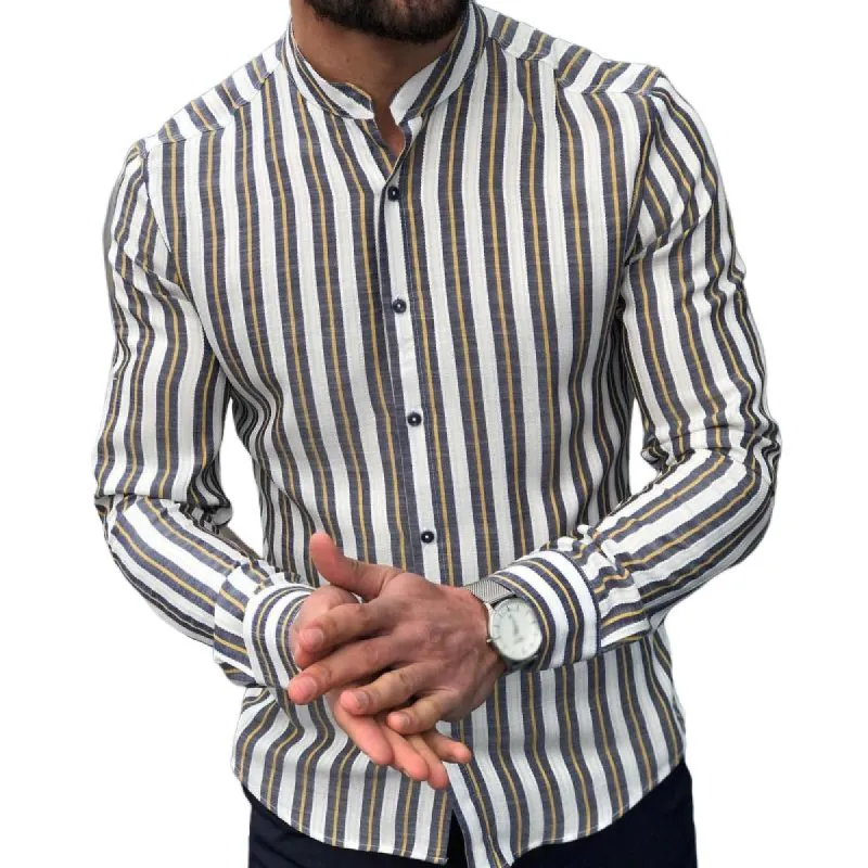 Men's Retro Casual Striped Stand Collar Long Sleeve Shirt 31512751TO sold by Manly